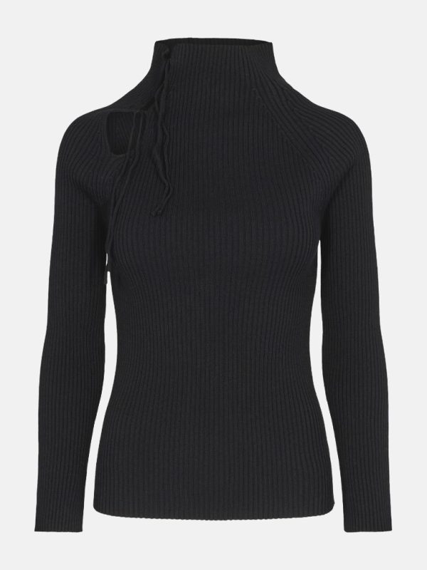 Sweater made of ribbed fabric in black with small stand-up collar and decorative threads hanging down from the right shoulder