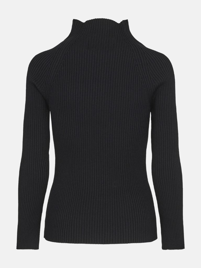 Schwarzer Pullover aus geripptem Stoff von hinten. Mit kleinem Stehkragen
